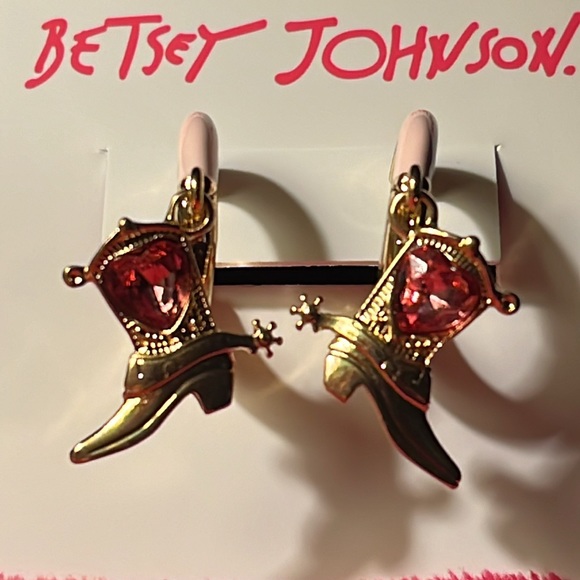NWT Betsey Johnson hoop earrings with dangling cowboy boots. Pink and gold. - Picture 3 of 8